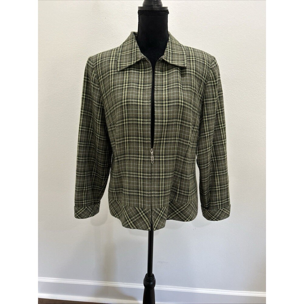 Sag Harbor Womens Sz 14 Zip Front Jacket Plaid Green Black Lining Shoulder Pads